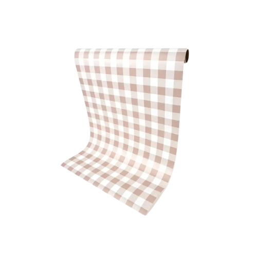 Blush gingham table cover with checkered pattern picnic theme from Parte Haus party supply store in Bethesda MD