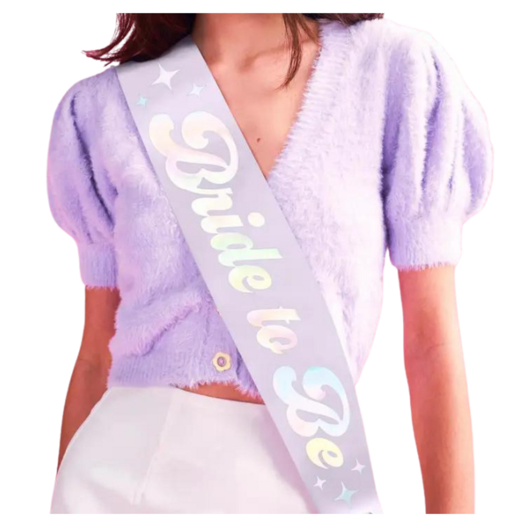 Iridescent white bride to be sash with stars bachelorette accessory from Parte Haus party supply store in Bethesda MD