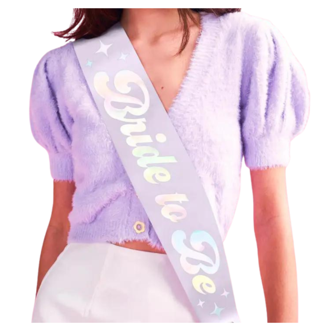 Iridescent white bride to be sash with stars bachelorette accessory from Parte Haus party supply store in Bethesda MD