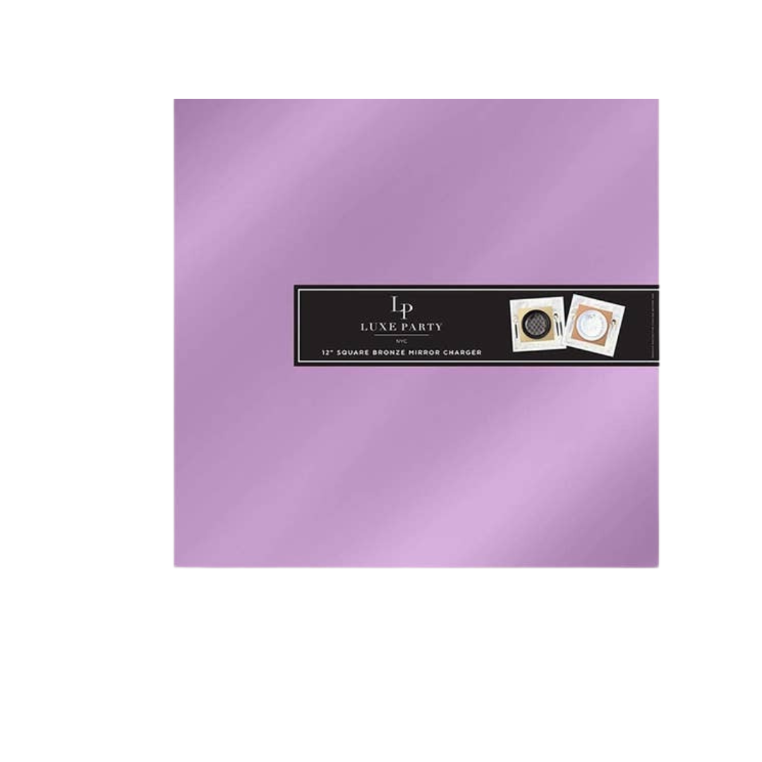 Purple square mirror charger modern tableware from Parte Haus party supply store in Bethesda Maryland