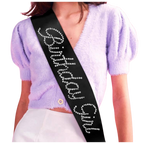 Black rhinestone birthday girl sash on woman birthday celebration from Parte Haus party supply store in Bethesda MD