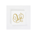Gold and white napkin with One script for first birthday from Parte Haus party supply store in Bethesda MD