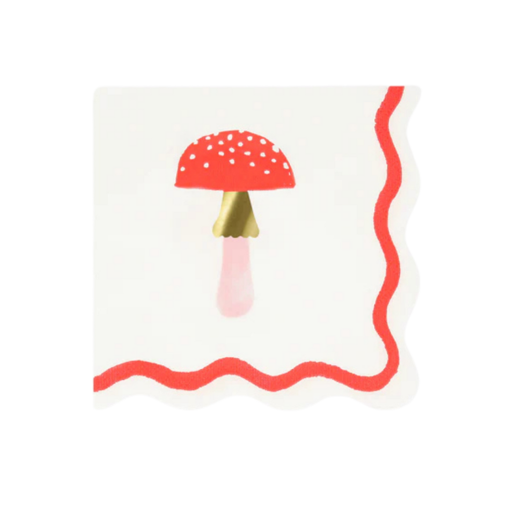 Red mushroom napkin with scalloped edge for whimsical celebration from Parte Haus party supply store in Bethesda MD