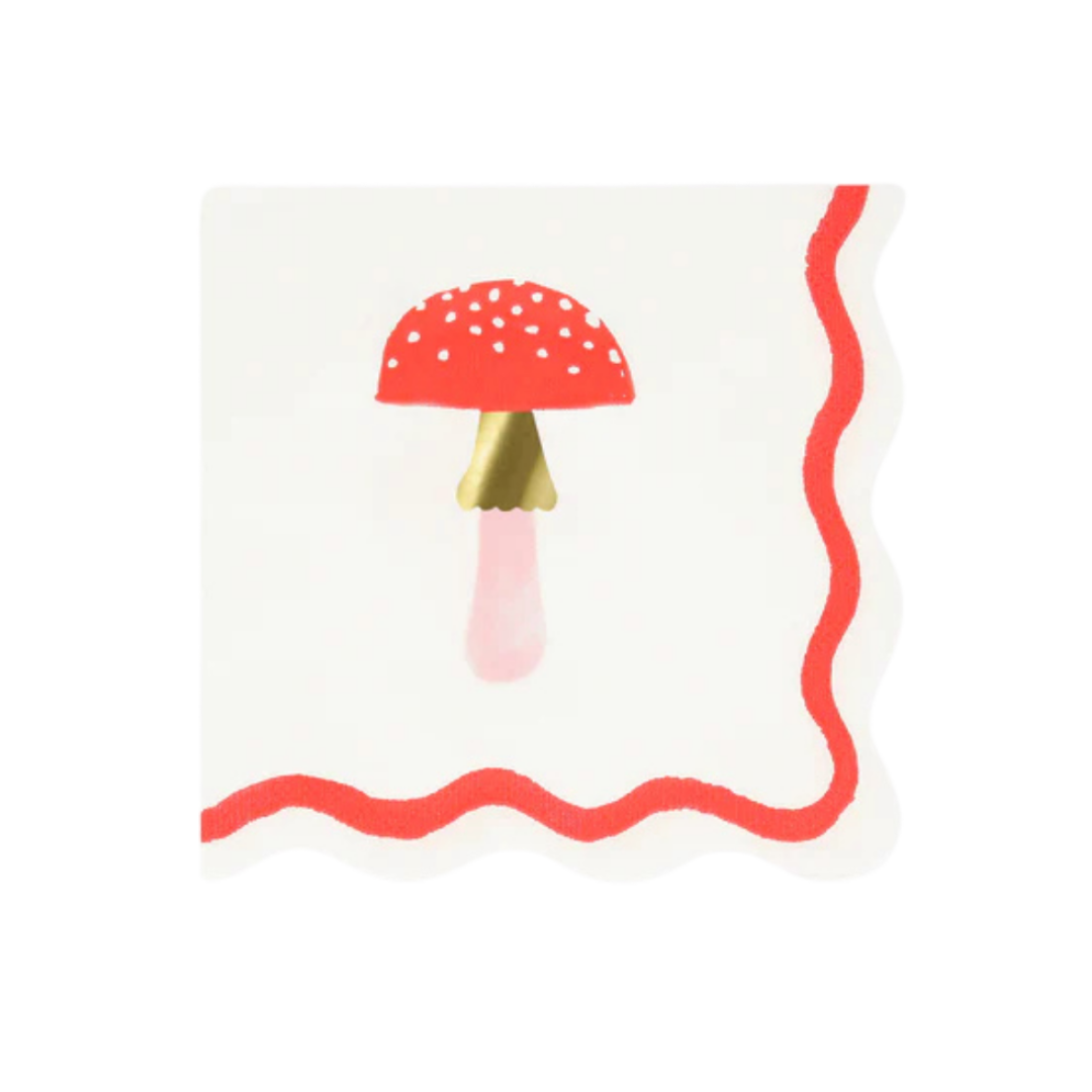 Red mushroom napkin with scalloped edge for whimsical celebration from Parte Haus party supply store in Bethesda MD