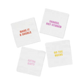 White cocktail napkins with colorful drink phrases bar theme from Parte Haus party supply store in Bethesda MD