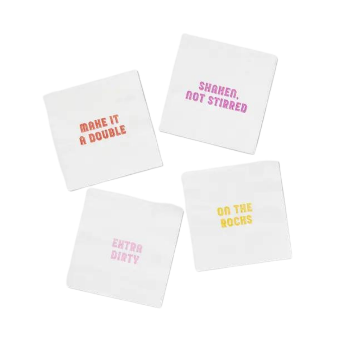 White cocktail napkins with colorful drink phrases bar theme from Parte Haus party supply store in Bethesda MD