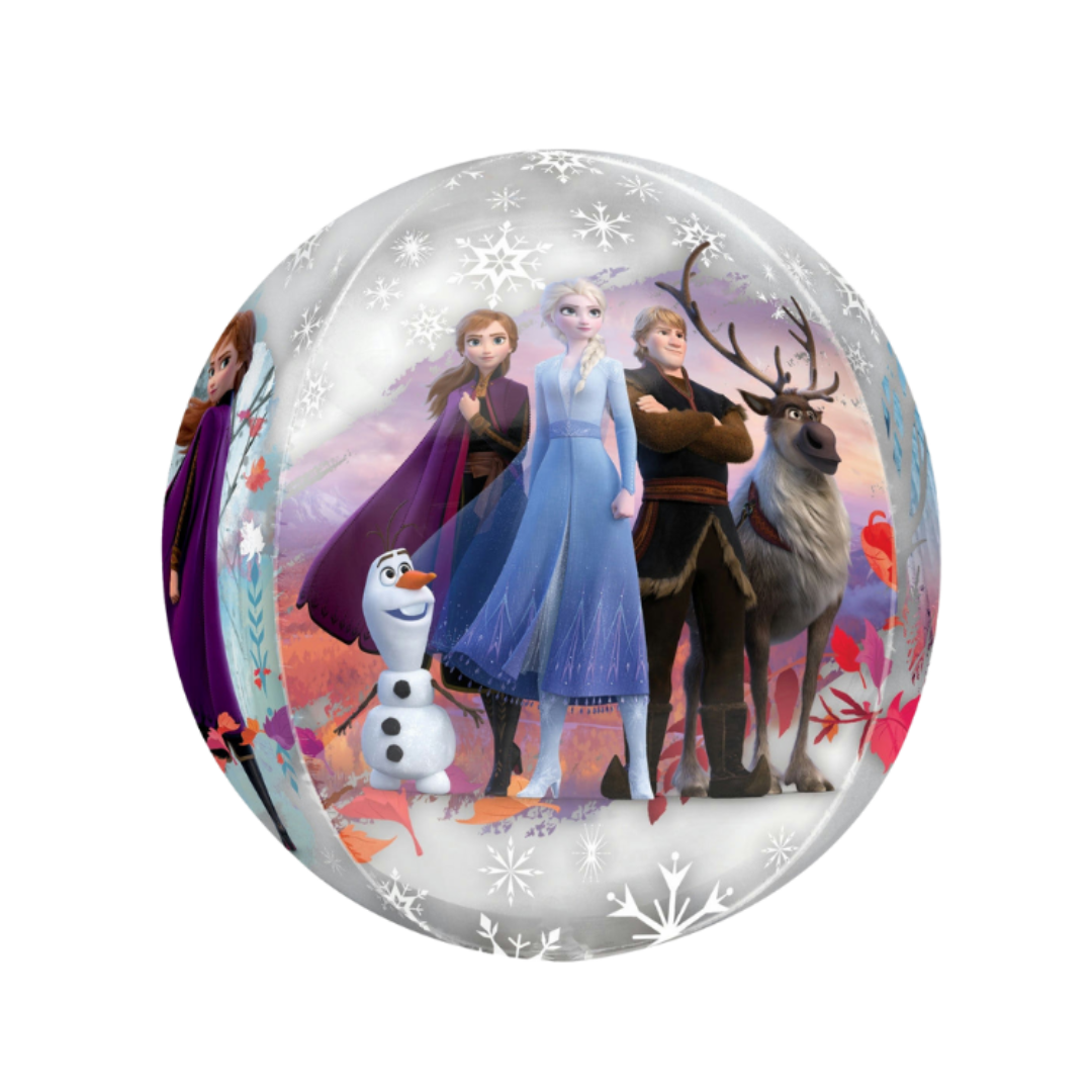 Multicolor Frozen balloon with Anna Elsa Olaf Kristoff and Sven winter birthday from Parte Haus party supply store in Bethesda Maryland