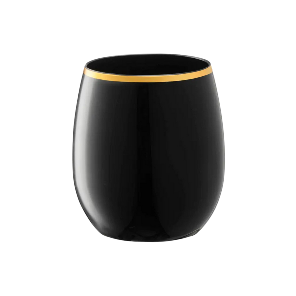 Black and gold stemless wine glass with elegant metallic rim celebration tableware from Parte Haus party supply store in Bethesda Maryland