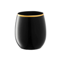 Black and gold stemless wine glass with elegant metallic rim celebration tableware from Parte Haus party supply store in Bethesda Maryland