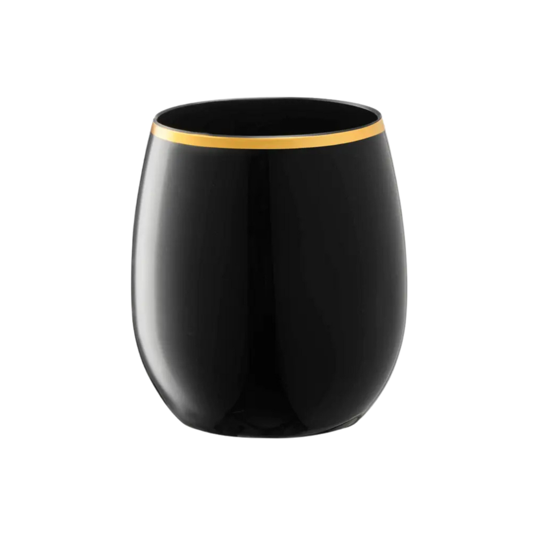 Black and gold stemless wine glass with elegant metallic rim celebration tableware from Parte Haus party supply store in Bethesda Maryland