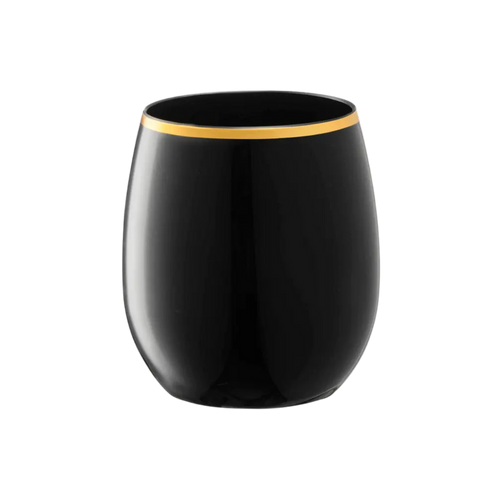 Black and gold stemless wine glass with elegant metallic rim celebration tableware from Parte Haus party supply store in Bethesda Maryland