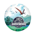 Multicolor Jurassic World round plate with dinosaur and mountain scene birthday theme from Parte Haus party supply store in Bethesda Maryland