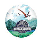 Multicolor Jurassic World round plate with dinosaur and mountain scene birthday theme from Parte Haus party supply store in Bethesda Maryland