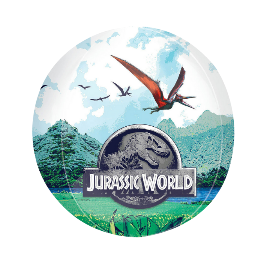 Multicolor Jurassic World round plate with dinosaur and mountain scene birthday theme from Parte Haus party supply store in Bethesda Maryland