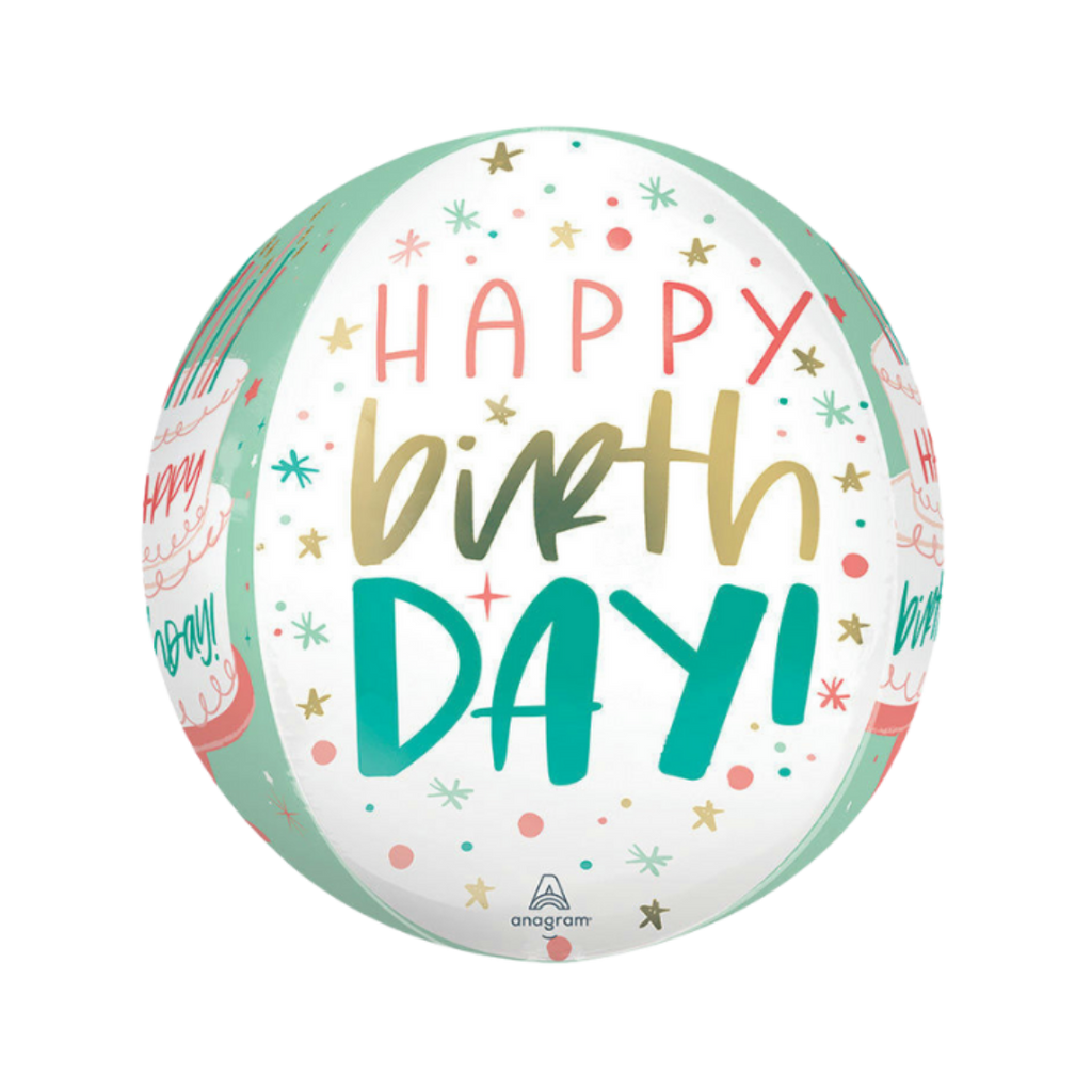 Mint green birthday balloon featuring colorful happy birthday text for birthday party from Parte Haus party supply store in Bethesda Maryland