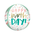 Mint green birthday balloon featuring colorful happy birthday text for birthday party from Parte Haus party supply store in Bethesda Maryland