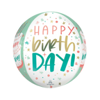 Mint green birthday balloon featuring colorful happy birthday text for birthday party from Parte Haus party supply store in Bethesda Maryland