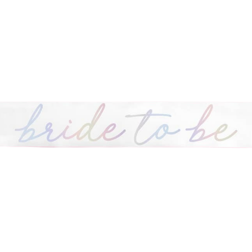 pastel iridescent bride to be sash for bridal shower from Parte Haus party supply store in Bethesda MD