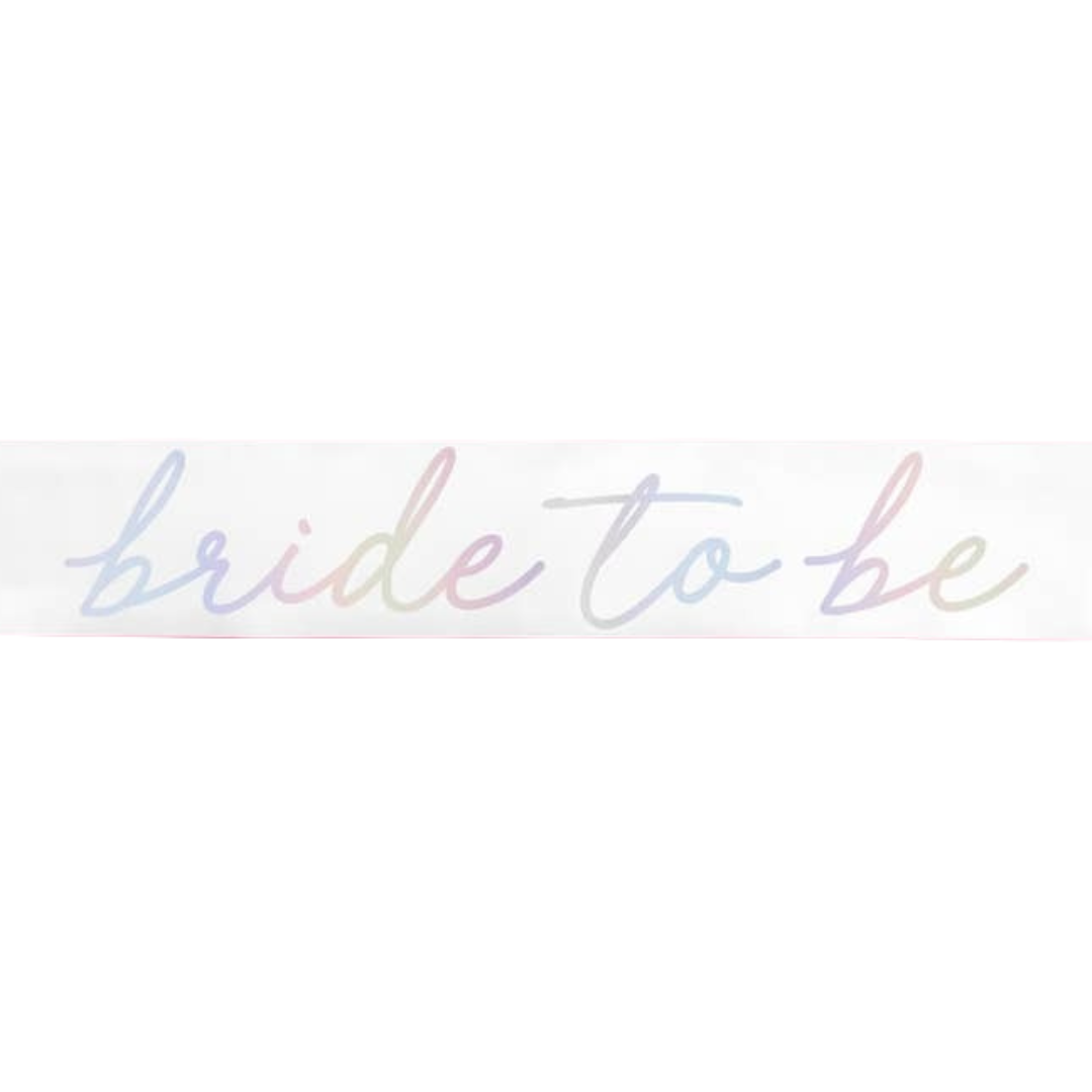pastel iridescent bride to be sash for bridal shower from Parte Haus party supply store in Bethesda MD
