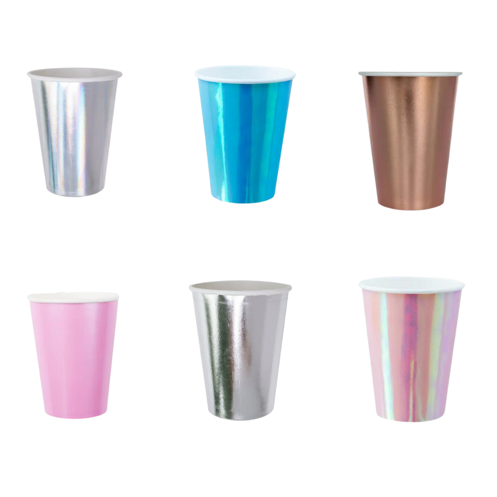 Metallic blue pink silver gold and iridescent paper cups for birthday theme from Parte Haus party supply store in Bethesda MD