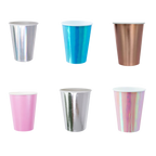 Metallic blue pink silver gold and iridescent paper cups for birthday theme from Parte Haus party supply store in Bethesda MD