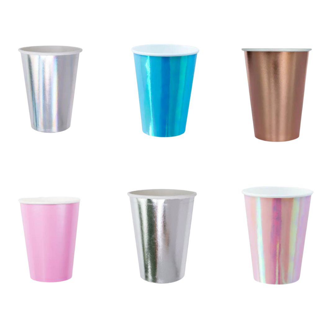 Metallic blue pink silver gold and iridescent paper cups for birthday theme from Parte Haus party supply store in Bethesda MD