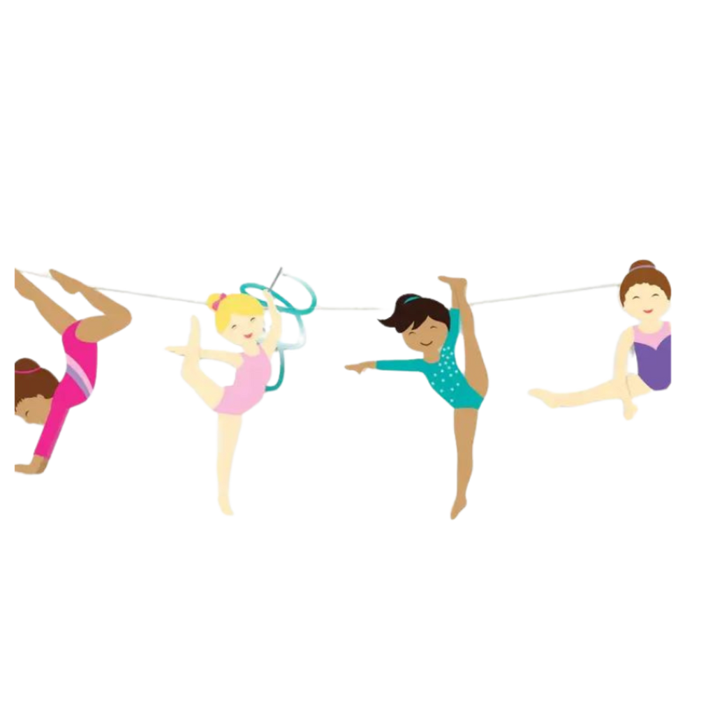Multicolor gymnast banner garland with four cartoon girls gymnastics birthday theme from Parte Haus party supply store in Bethesda Maryland