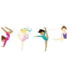 Multicolor gymnast banner garland with four cartoon girls gymnastics birthday theme from Parte Haus party supply store in Bethesda Maryland