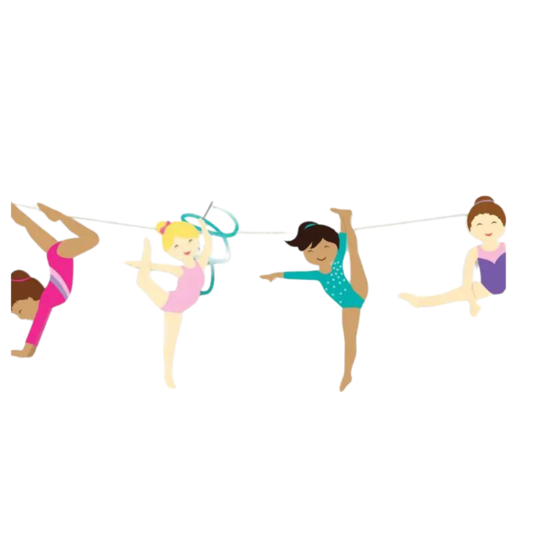 Multicolor gymnast banner garland with four cartoon girls gymnastics birthday theme from Parte Haus party supply store in Bethesda Maryland