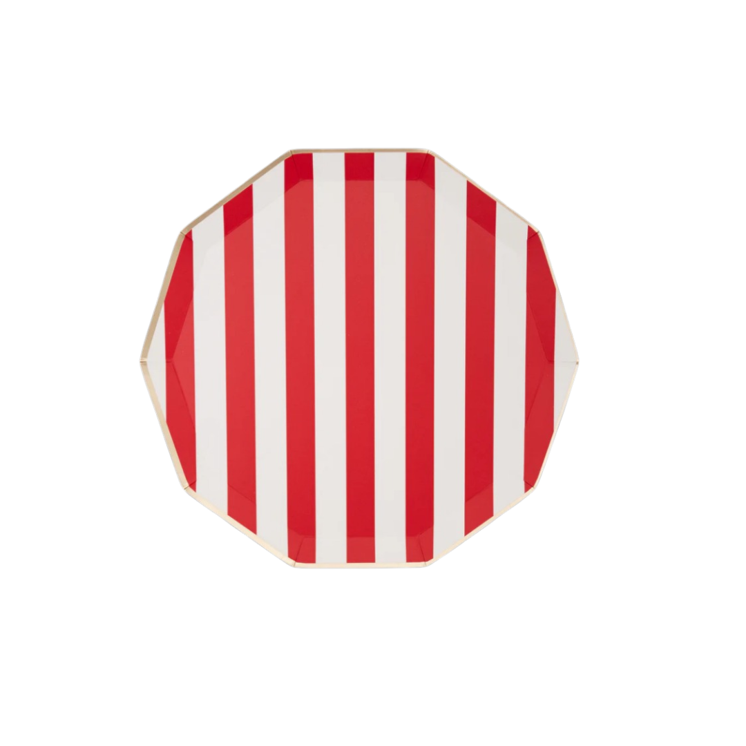 Red and white striped plate with gold edge circus birthday theme from Parte Haus party supply store in Bethesda MD