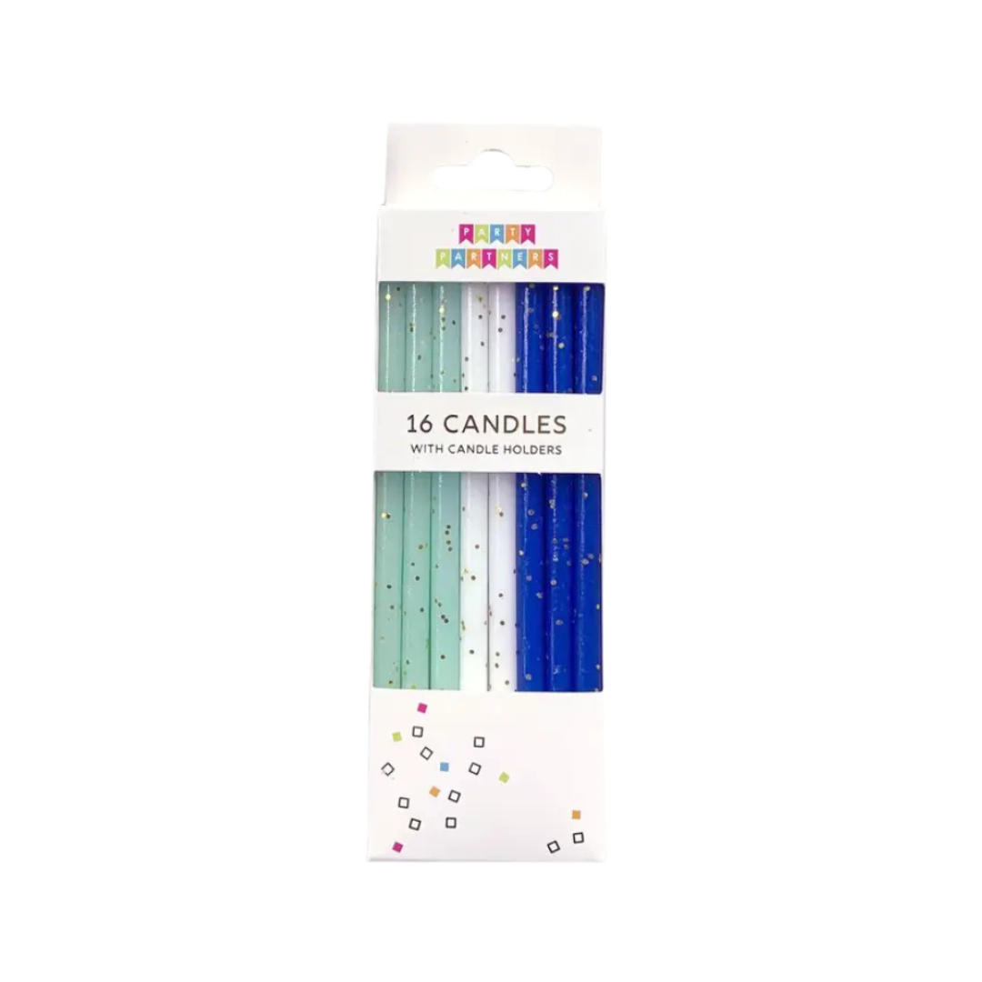 Blue white and mint birthday candles with gold accents celebration decor from Parte Haus party supply store in Bethesda MD
