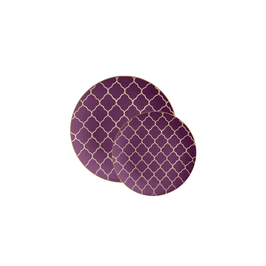Purple and gold plate set with geometric lattice design for birthday from Parte Haus party supply store in Bethesda MD.