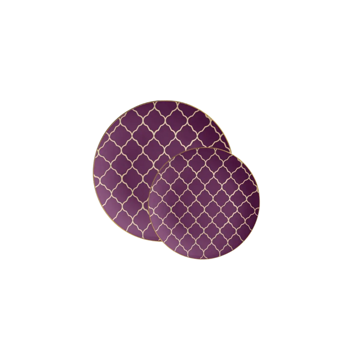 Purple Lattice Pattern Gold Rimmed Plastic Plates