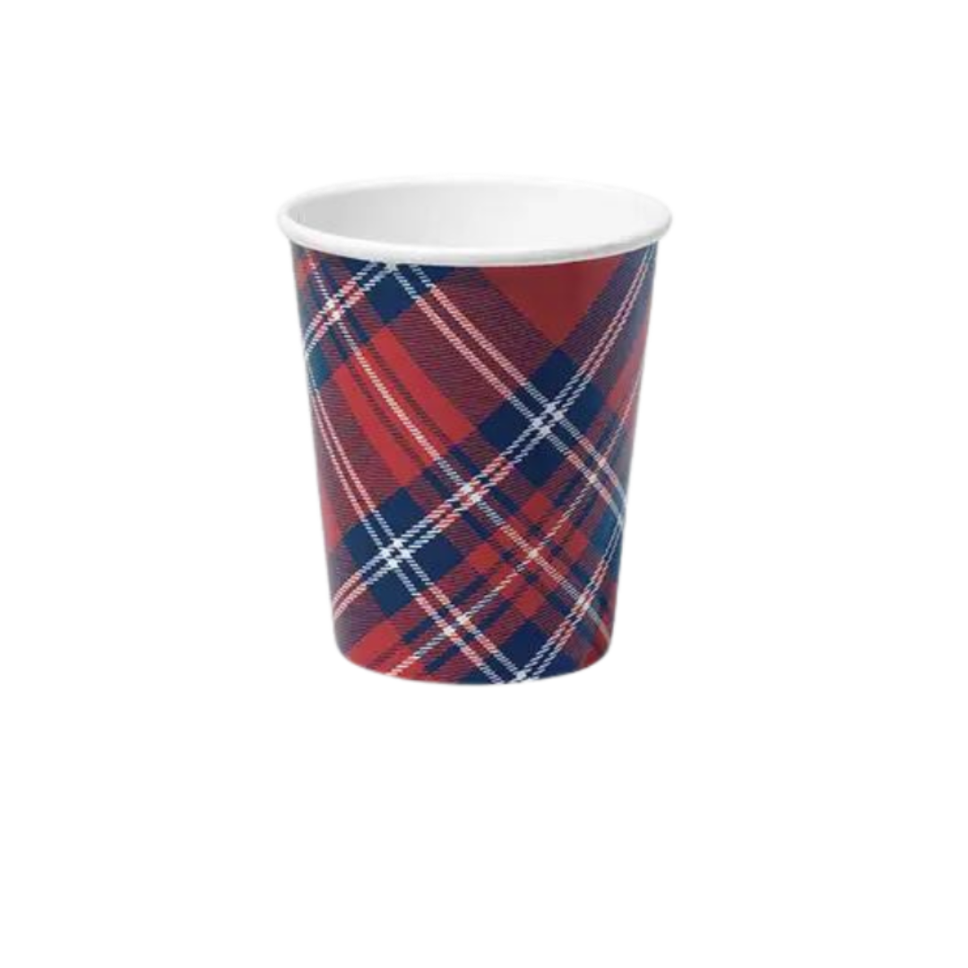 red and blue plaid paper cup classic holiday design from Parte Haus party supply store in Bethesda Maryland