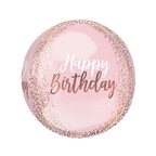 Pink birthday balloon with gold confetti design for birthday from Parte Haus party supply store in Bethesda, Maryland