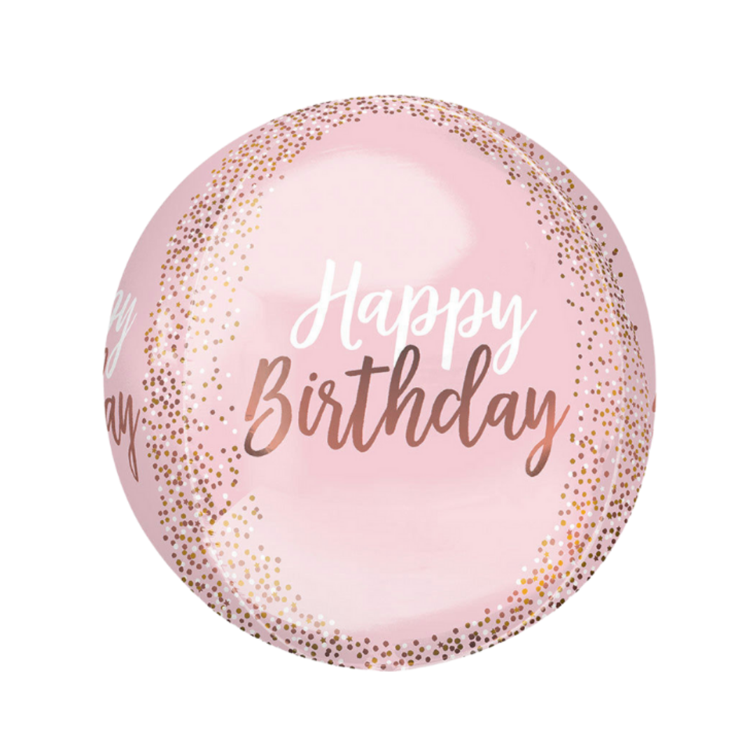 Pink birthday balloon with gold confetti design for birthday from Parte Haus party supply store in Bethesda, Maryland