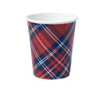 Red and blue plaid paper cup with classic pattern holiday theme from Parte Haus party supply store in Bethesda MD.