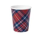 Red and blue plaid paper cup with classic pattern holiday theme from Parte Haus party supply store in Bethesda MD.