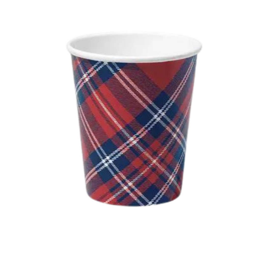 Red and blue plaid paper cup with classic pattern holiday theme from Parte Haus party supply store in Bethesda MD.