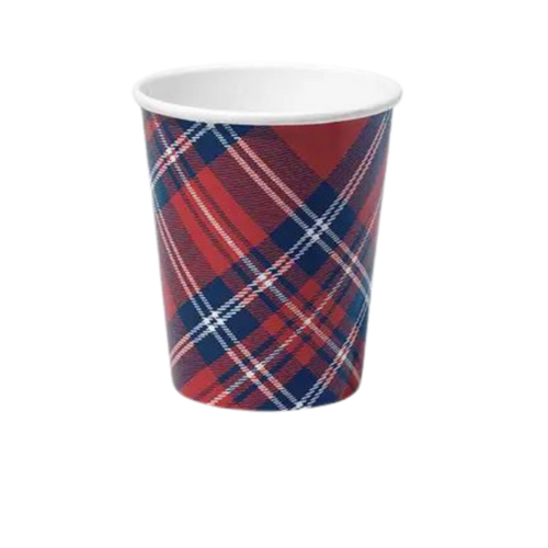 Red and blue plaid paper cup with classic pattern holiday theme from Parte Haus party supply store in Bethesda MD.