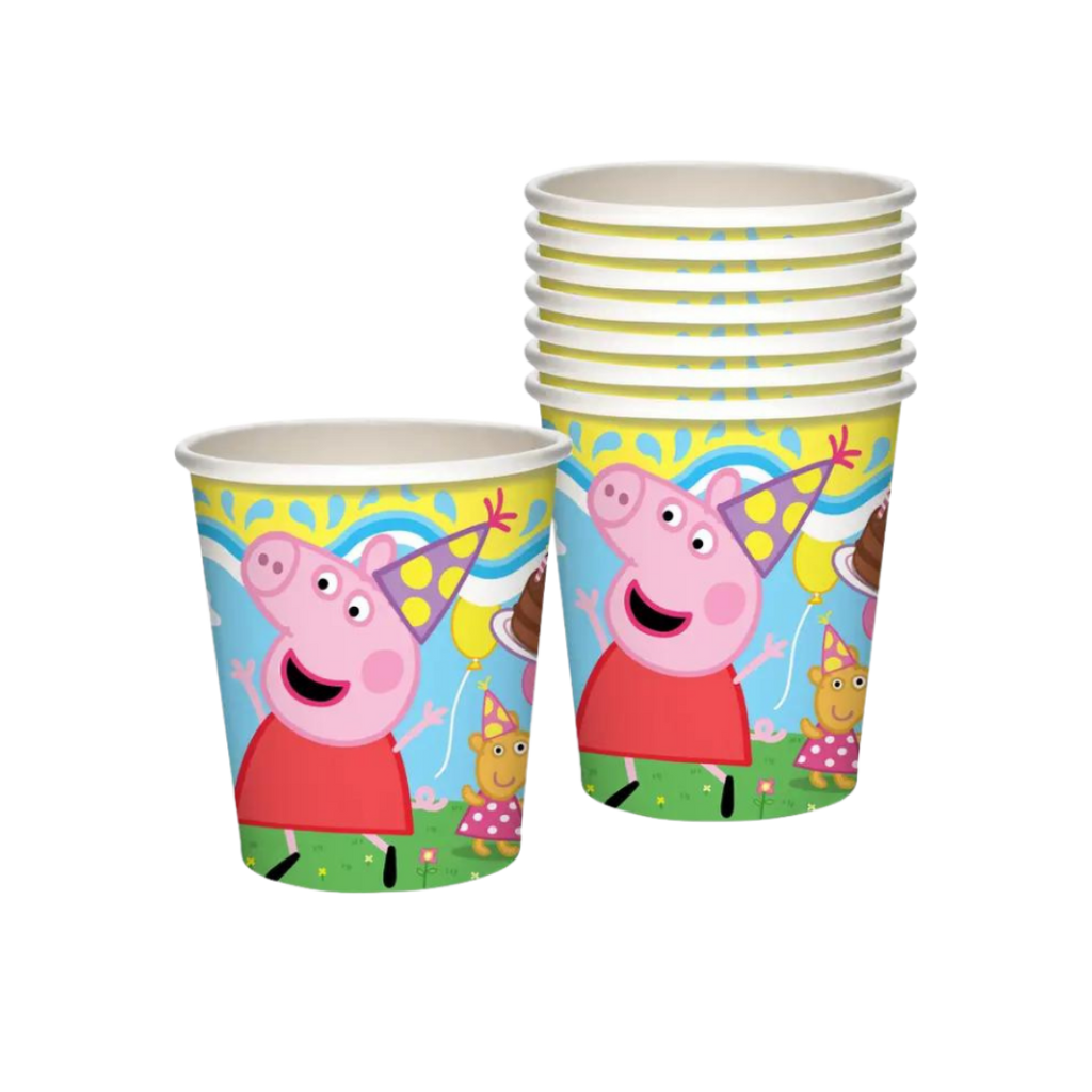 colorful cartoon paper cups featuring a pig with party hats for birthday from Parte Haus party supply store in Bethesda MD
