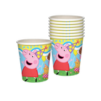colorful cartoon paper cups featuring a pig with party hats for birthday from Parte Haus party supply store in Bethesda MD