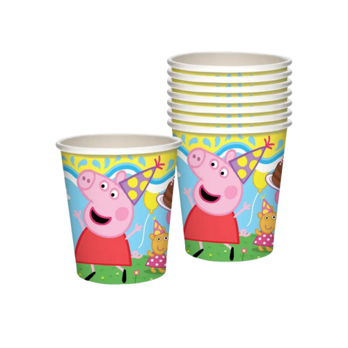 colorful cartoon paper cups featuring a pig with party hats for birthday from Parte Haus party supply store in Bethesda MD