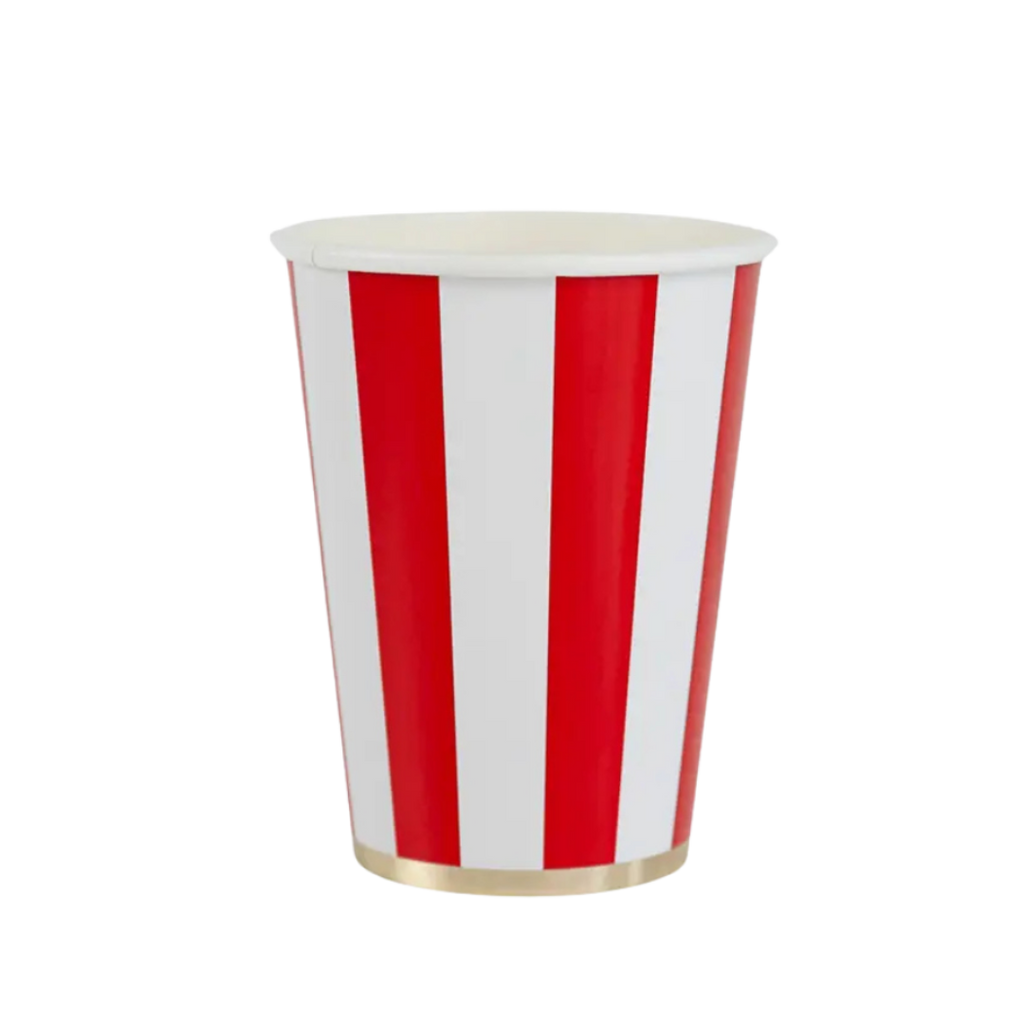 Red and white striped paper cup with gold trim circus theme from Parte Haus party supply store in Bethesda Maryland
