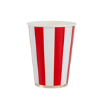 Red and white striped paper cup with gold trim circus theme from Parte Haus party supply store in Bethesda Maryland