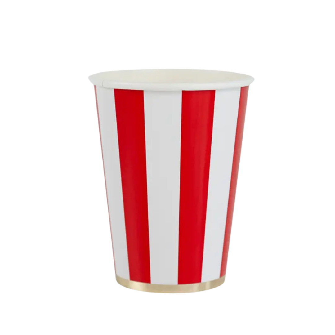 Red and white striped paper cup with gold trim circus theme from Parte Haus party supply store in Bethesda Maryland
