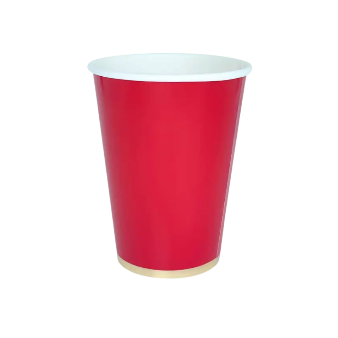 Red paper cup with gold rim birthday celebration from Parte Haus party supply store in Bethesda Maryland