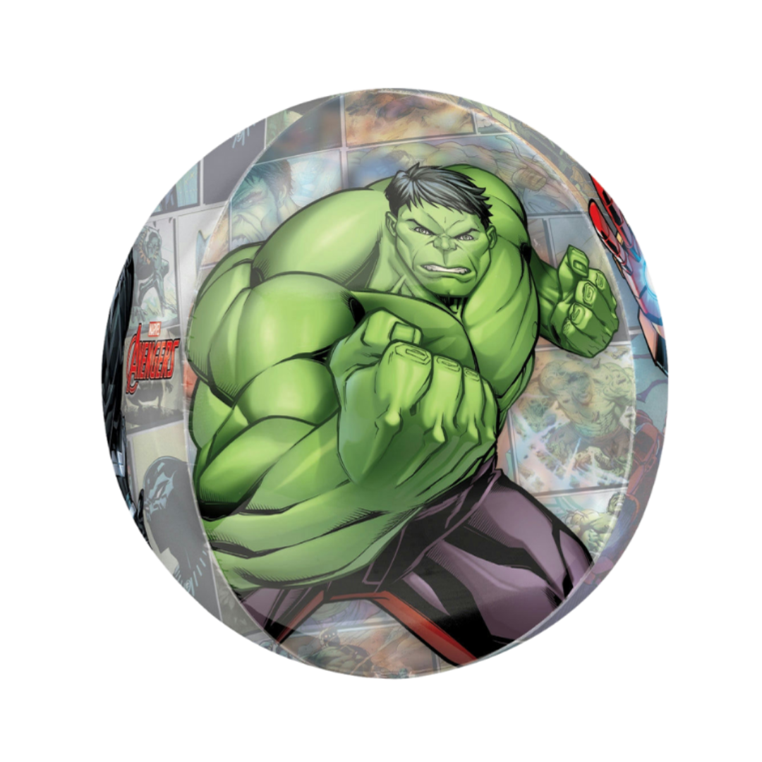 Green Marvel Hulk round foil balloon with comic art superhero birthday theme from Parte Haus party supply store in Bethesda Maryland