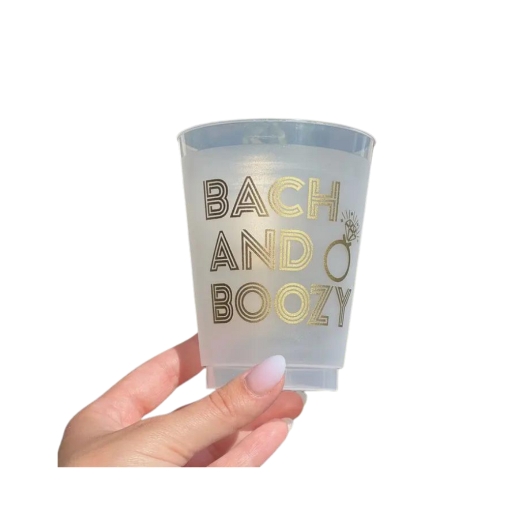 Frosted gold bachelorette cup with Bach and Boozy text from Parte Haus party supply store in Bethesda Maryland