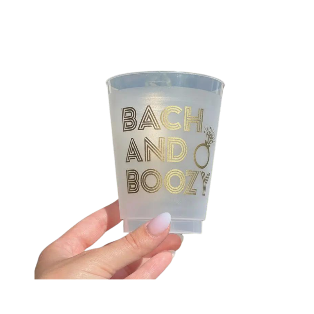 Frosted gold bachelorette cup with Bach and Boozy text from Parte Haus party supply store in Bethesda Maryland